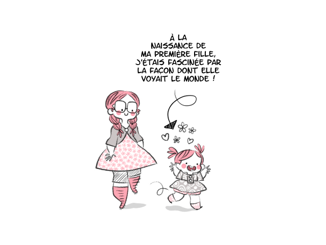 Petite fille pointant la lune dans le ciel, illustration en bande dessinée.